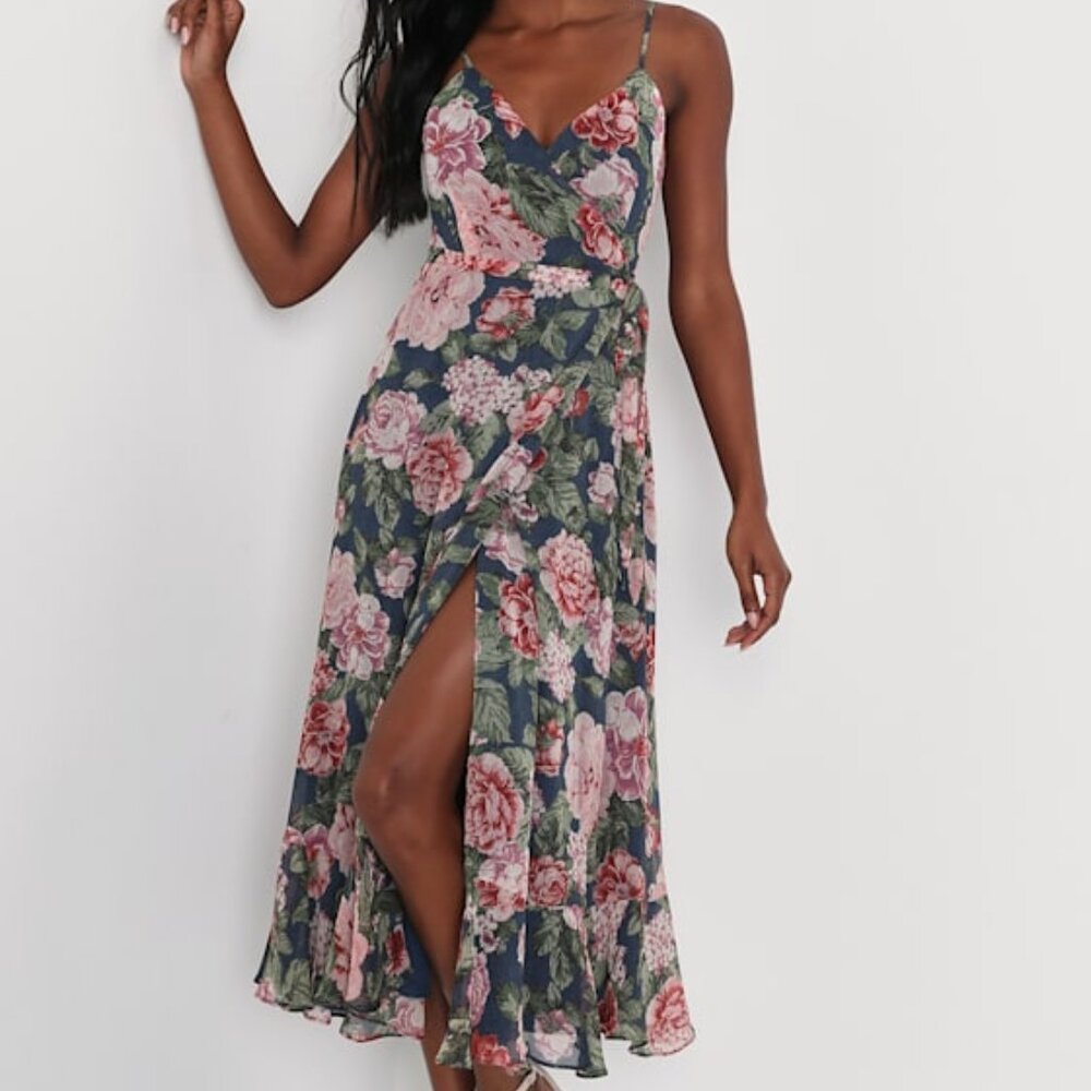 Lulus Delightfully Divine Navy Blue Floral Chiffon Wrap Midi Dress - Size M